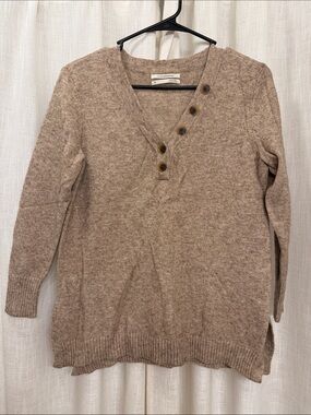 Anthropologie Taupe Button-Accent V-Neck Sweater